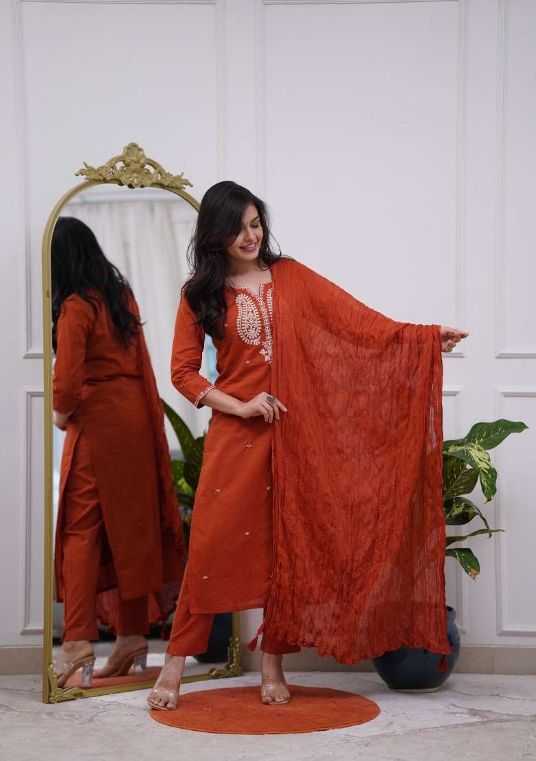 Orange Embroidered Silk Blend A Line Kurta Set - Indya