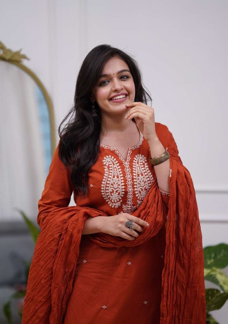 Orange Embroidered Silk Blend A Line Kurta Set - Indya