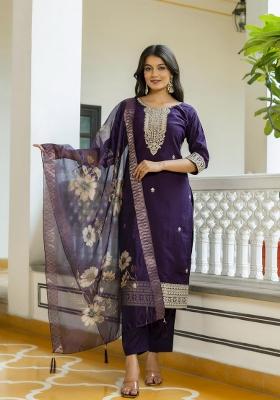 Purple Embroidered Viscose Chanderi Kurta Set