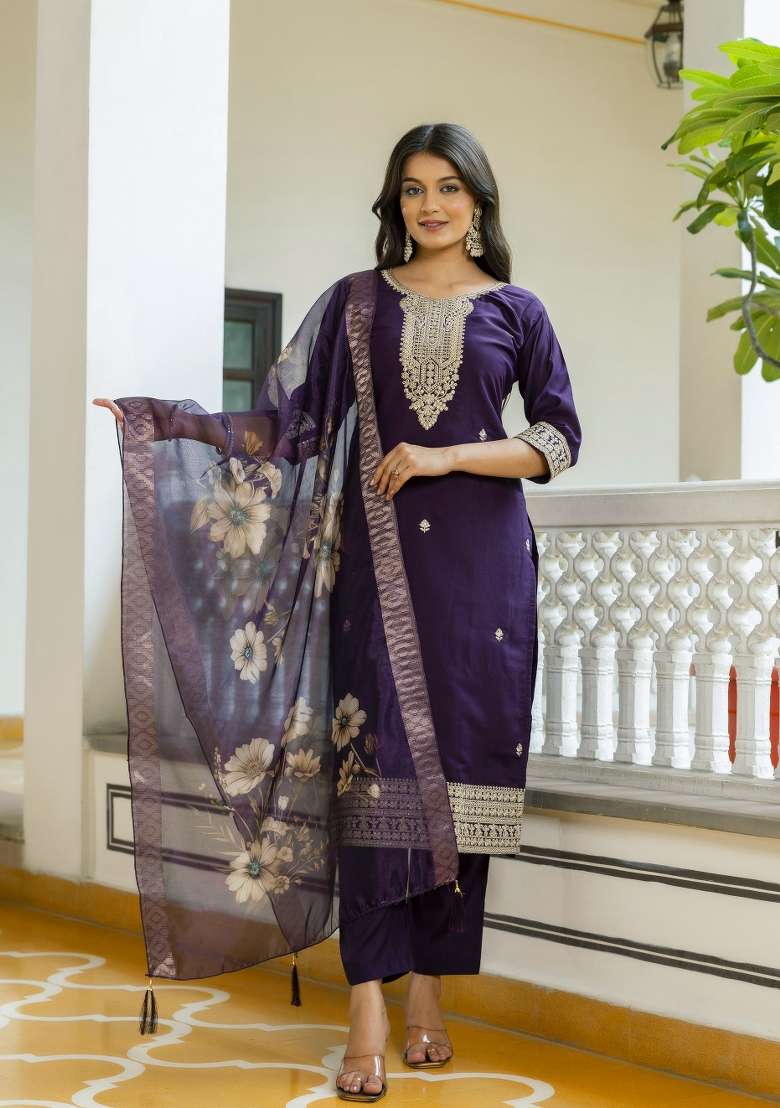 Purple Embroidered Chanderi Straight Kurta Set - Indya
