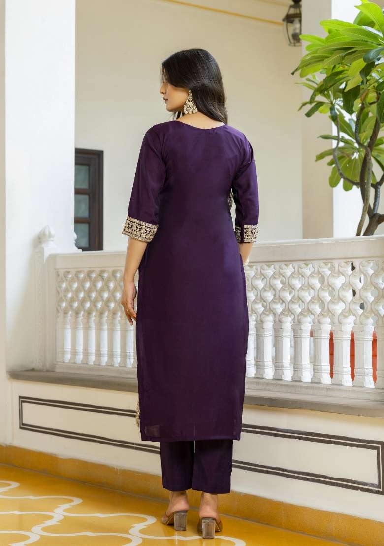 Purple Embroidered Chanderi Straight Kurta Set - Indya