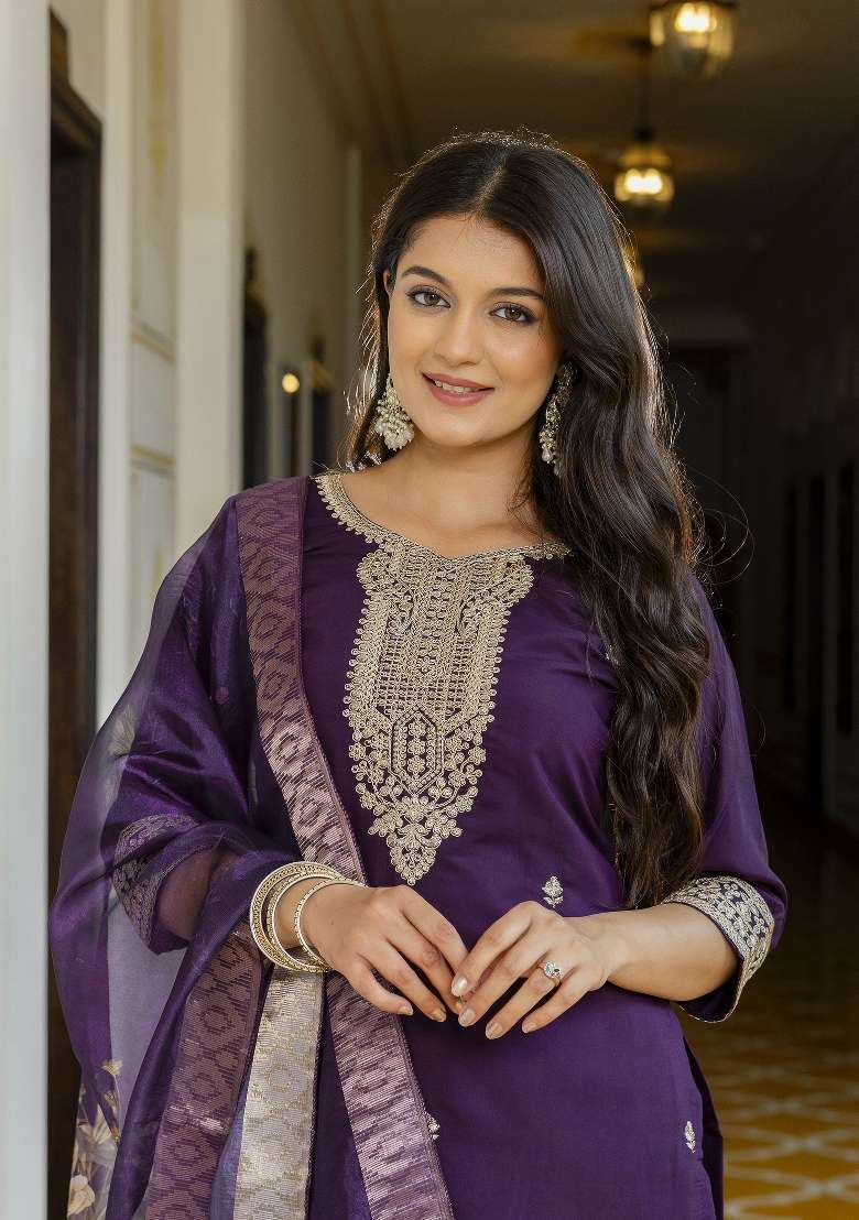 Purple Embroidered Chanderi Straight Kurta Set - Indya