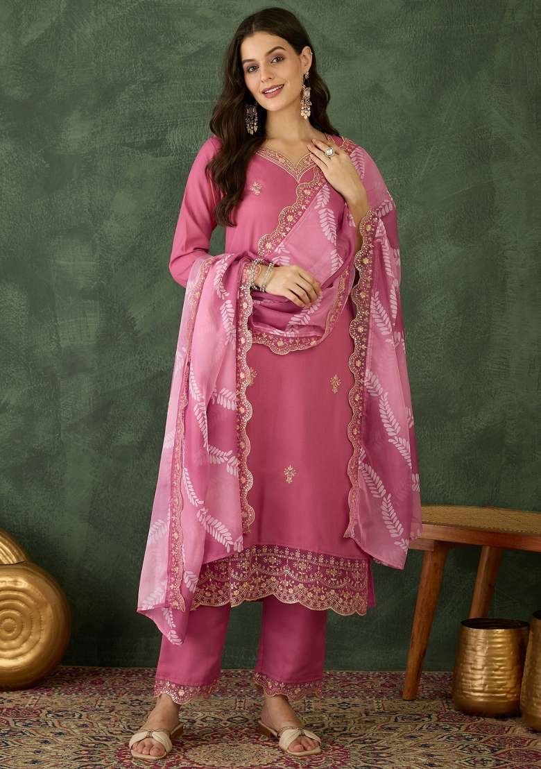 Pink Embroidered Rayon Straight Kurta Set - Indya