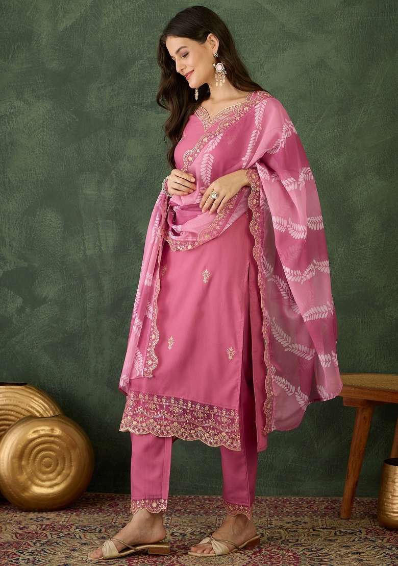 Pink Embroidered Rayon Straight Kurta Set - Indya