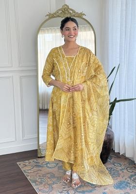 Yellow Printed Rayon Kurta Set