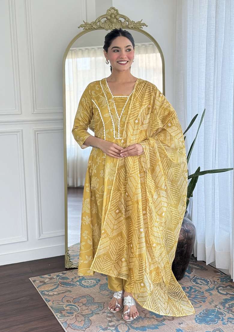 Yellow Printed Rayon Anarkali Set - Indya