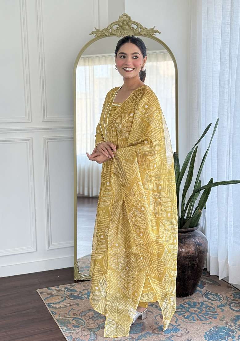 Yellow Printed Rayon Anarkali Set - Indya