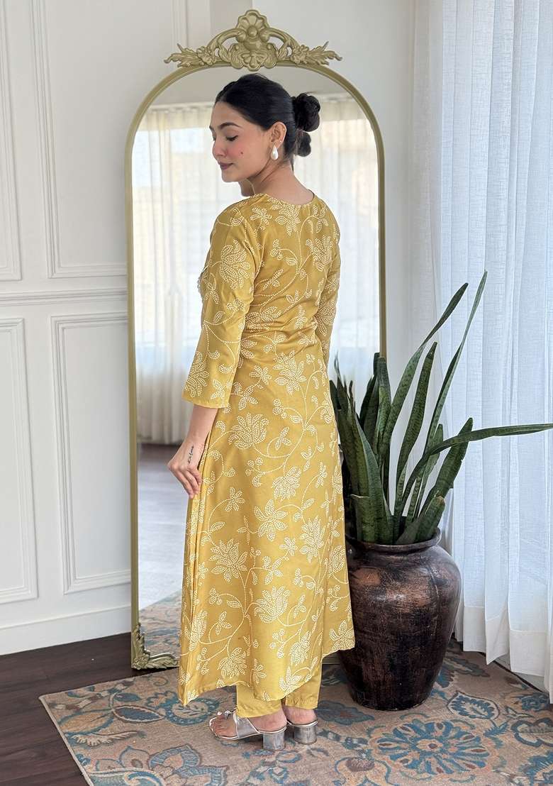 Yellow Printed Rayon Anarkali Set - Indya