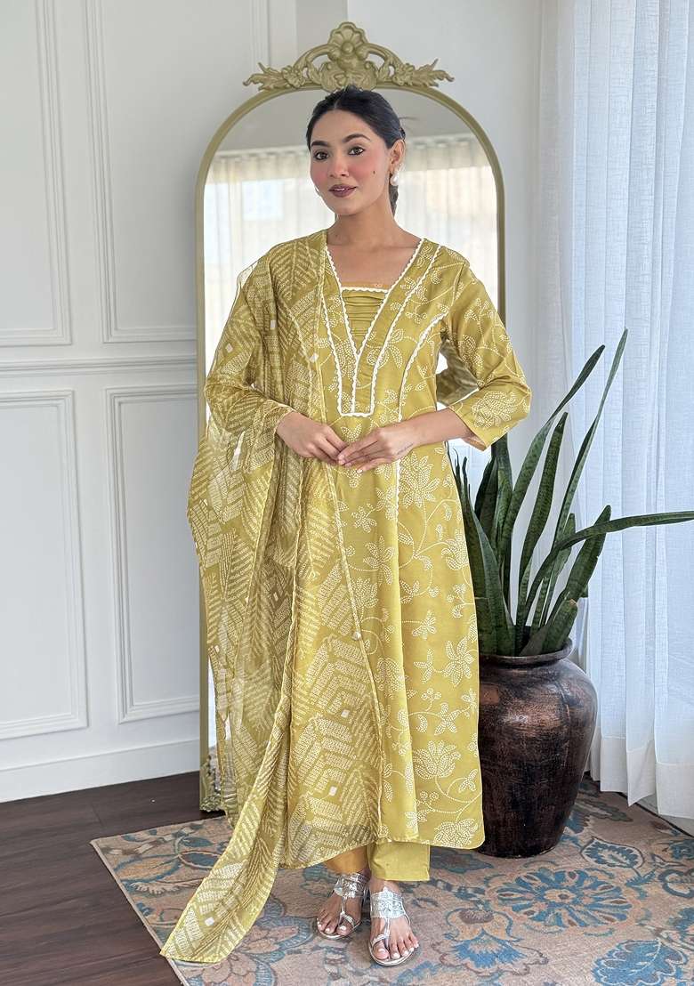 Yellow Printed Rayon Anarkali Set - Indya