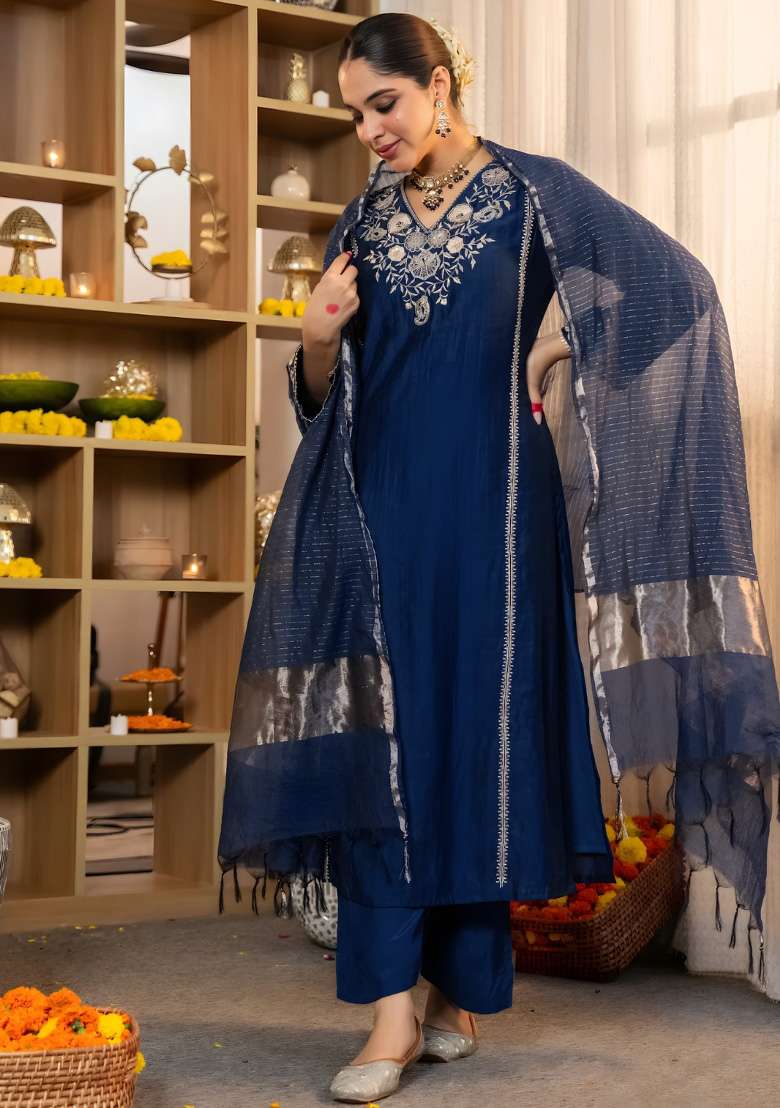 Petrol Embroidered Silk Blend Straight Kurta Set - Indya