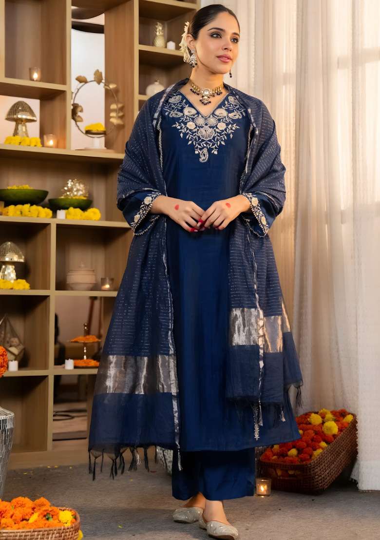 Petrol Embroidered Silk Blend Straight Kurta Set - Indya