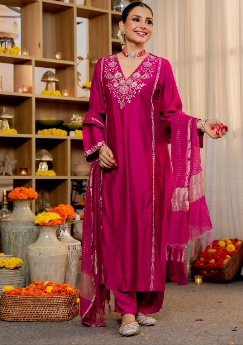 Rani Embroidered Silk Blend Straight Kurta Set - Indya