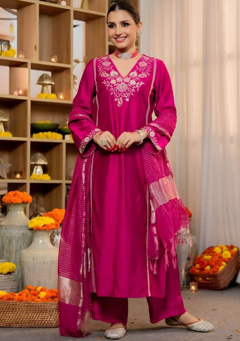 Rani Embroidered Silk Blend Straight Kurta Set - Indya