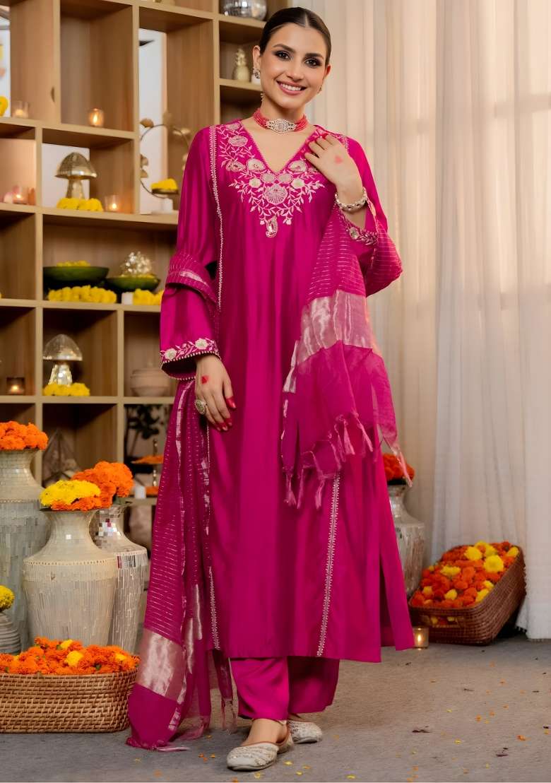 Rani Embroidered Silk Blend Straight Kurta Set - Indya