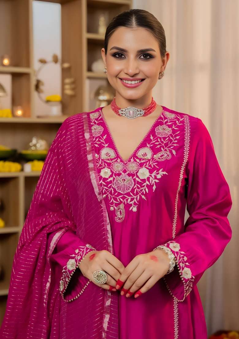 Rani Embroidered Silk Blend Straight Kurta Set - Indya