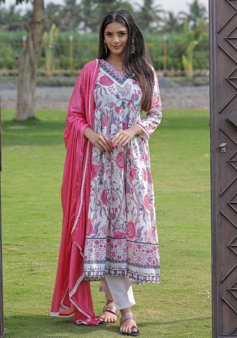 Cream Printed Rayon Kurta Set