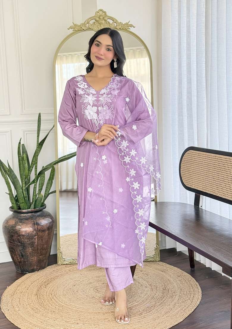 Lavender Chikankari Rayon Straight Kurta Set - Indya
