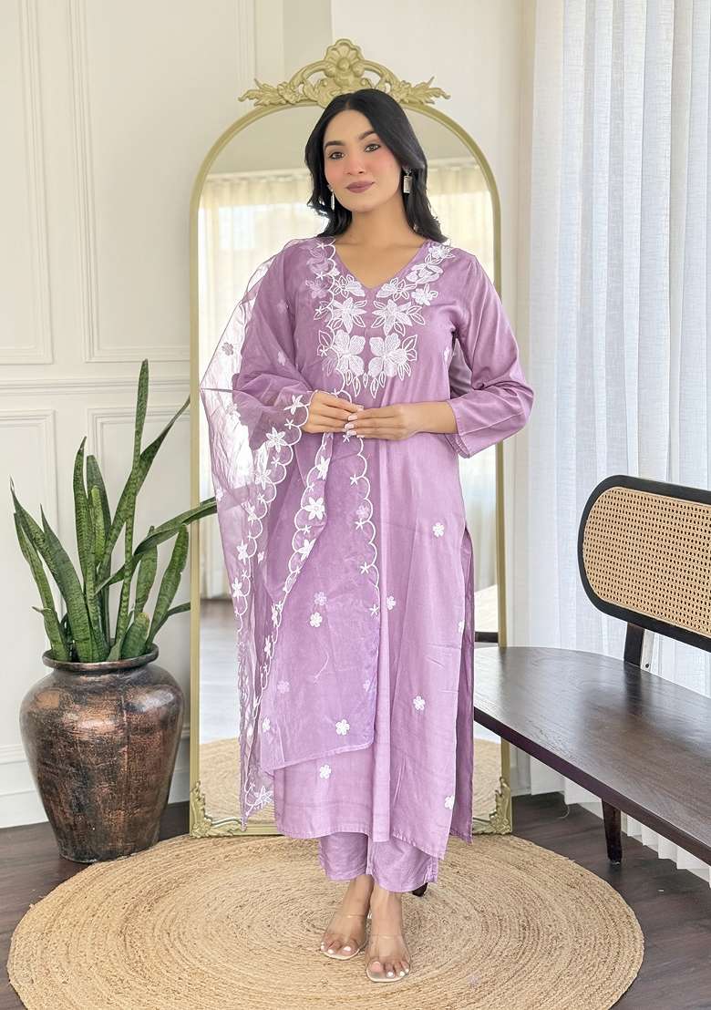 Lavender Chikankari Rayon Straight Kurta Set - Indya