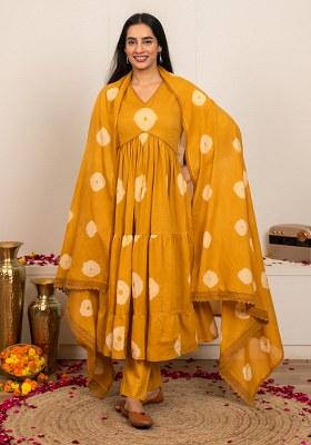 Mustard Yellow Tie And Dye Cotton Anarkali Set