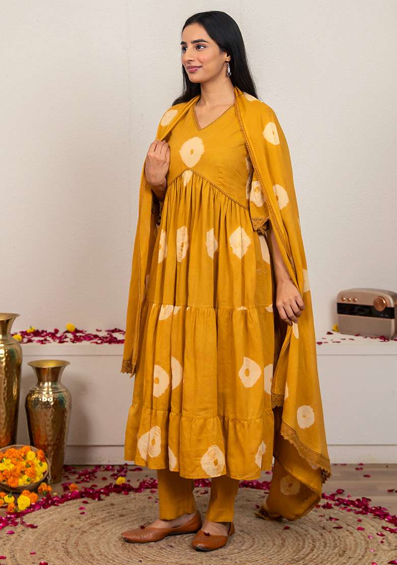 Mustard Yellow Tie And Dye Cotton Anarkali Set - Indya