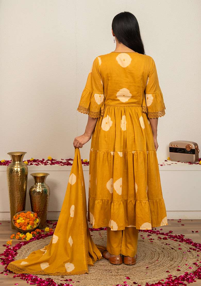 Mustard Yellow Tie And Dye Cotton Anarkali Set - Indya
