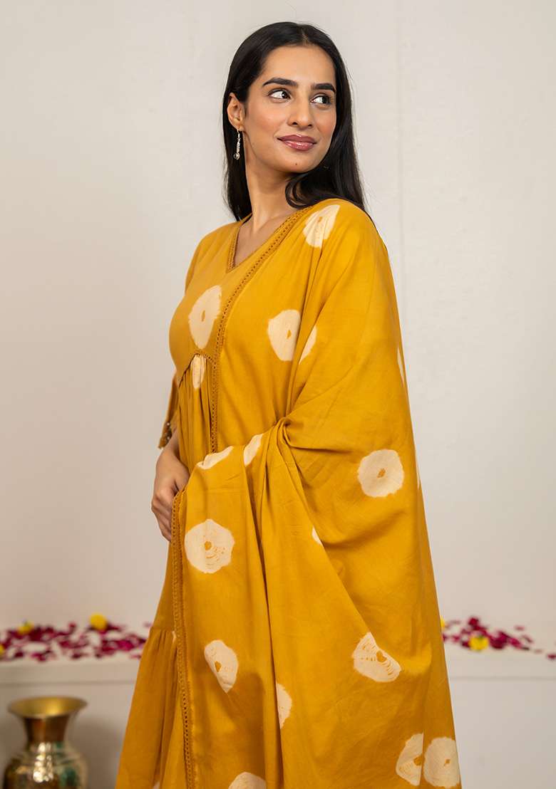Mustard Yellow Tie And Dye Cotton Anarkali Set - Indya