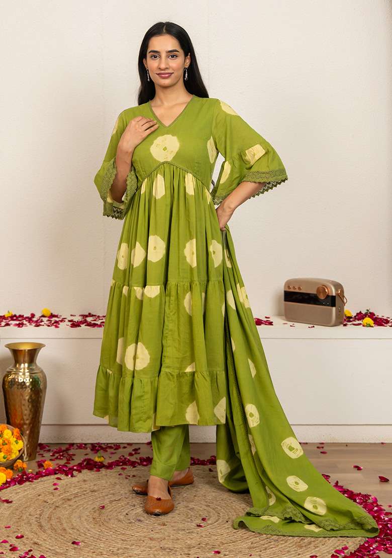 Green Tie And Dye Cotton Anarkali Set - Indya