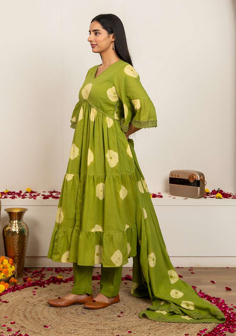 Green Tie And Dye Cotton Anarkali Set - Indya