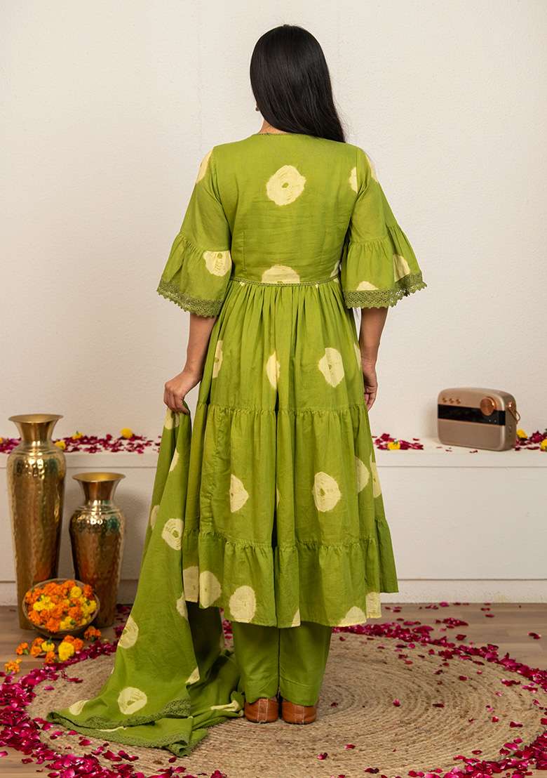 Green Tie And Dye Cotton Anarkali Set - Indya