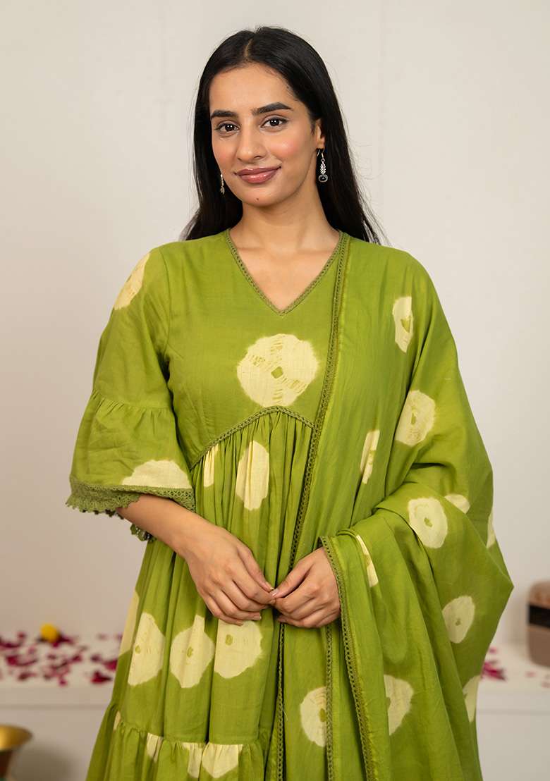 Green Tie And Dye Cotton Anarkali Set - Indya