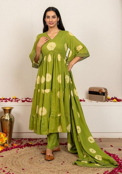 GREEN Hand Tie Dyed Cotton Kurta Set