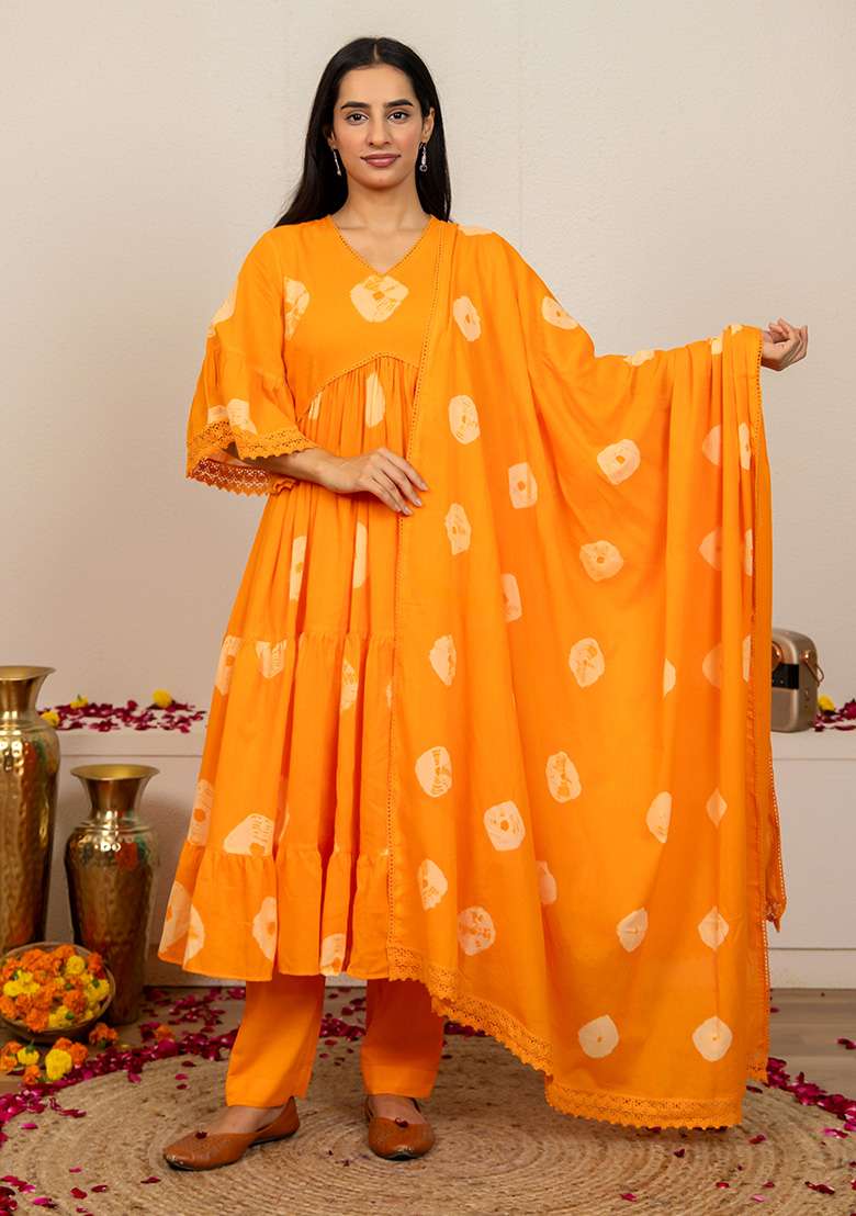 Orange Tie And Dye Cotton Anarkali Set - Indya
