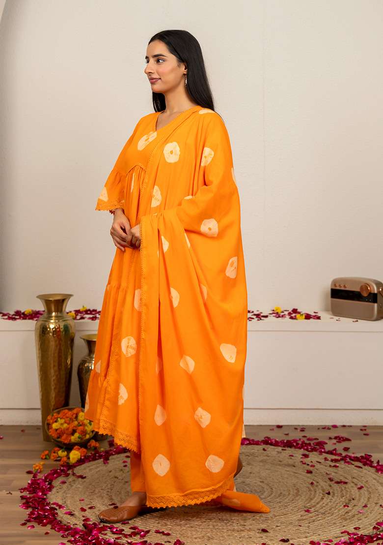Orange Tie And Dye Cotton Anarkali Set - Indya