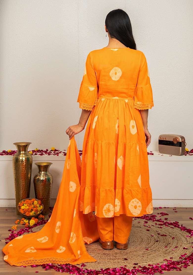 Orange Tie And Dye Cotton Anarkali Set - Indya