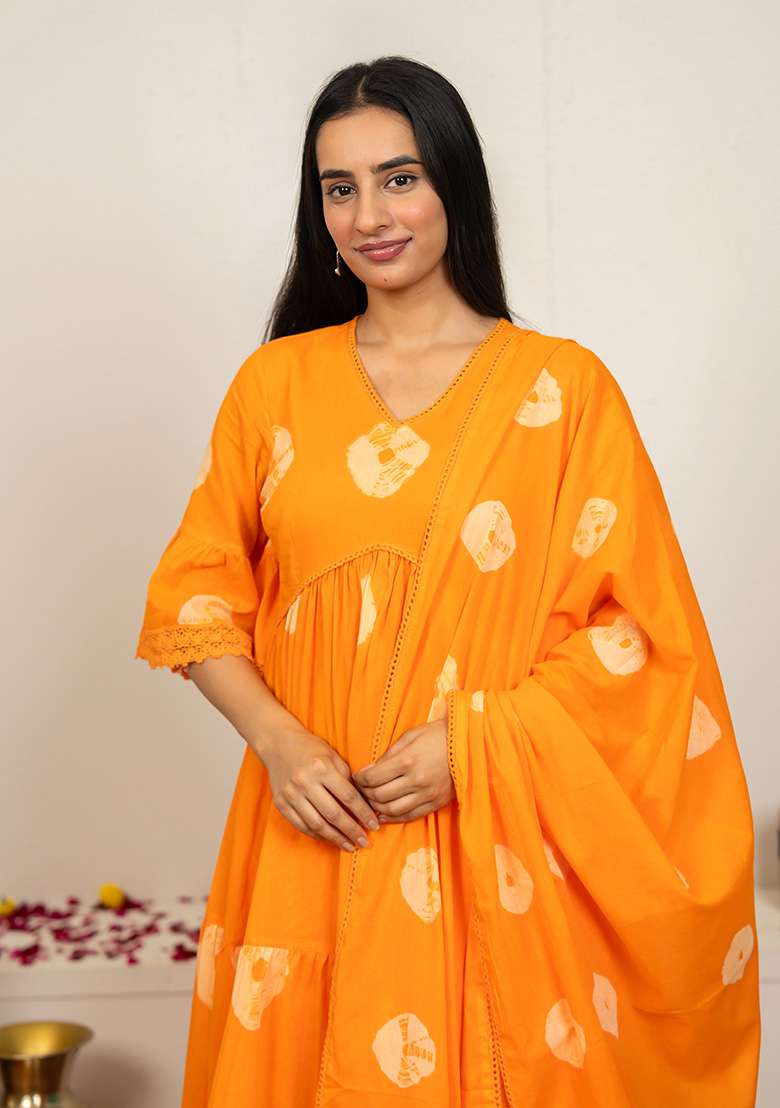 Orange Tie And Dye Cotton Anarkali Set - Indya