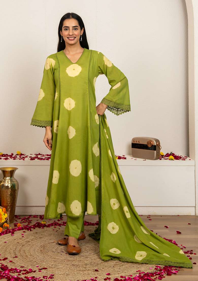 Green Tie And Dye Cotton A Line Kurta Set - Indya