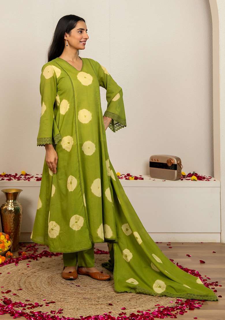 Green Tie And Dye Cotton A Line Kurta Set - Indya