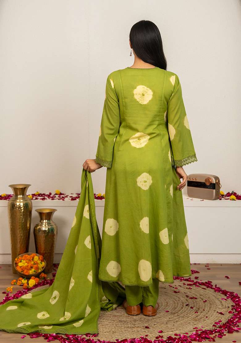 Green Tie And Dye Cotton A Line Kurta Set - Indya