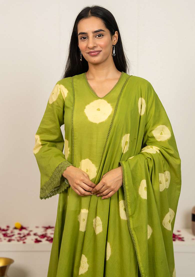 Green Tie And Dye Cotton A Line Kurta Set - Indya