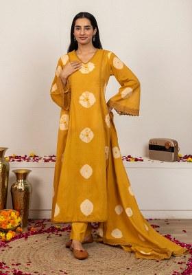 Mustard Yellow Tie And Dye Cotton A Line Kurta Set