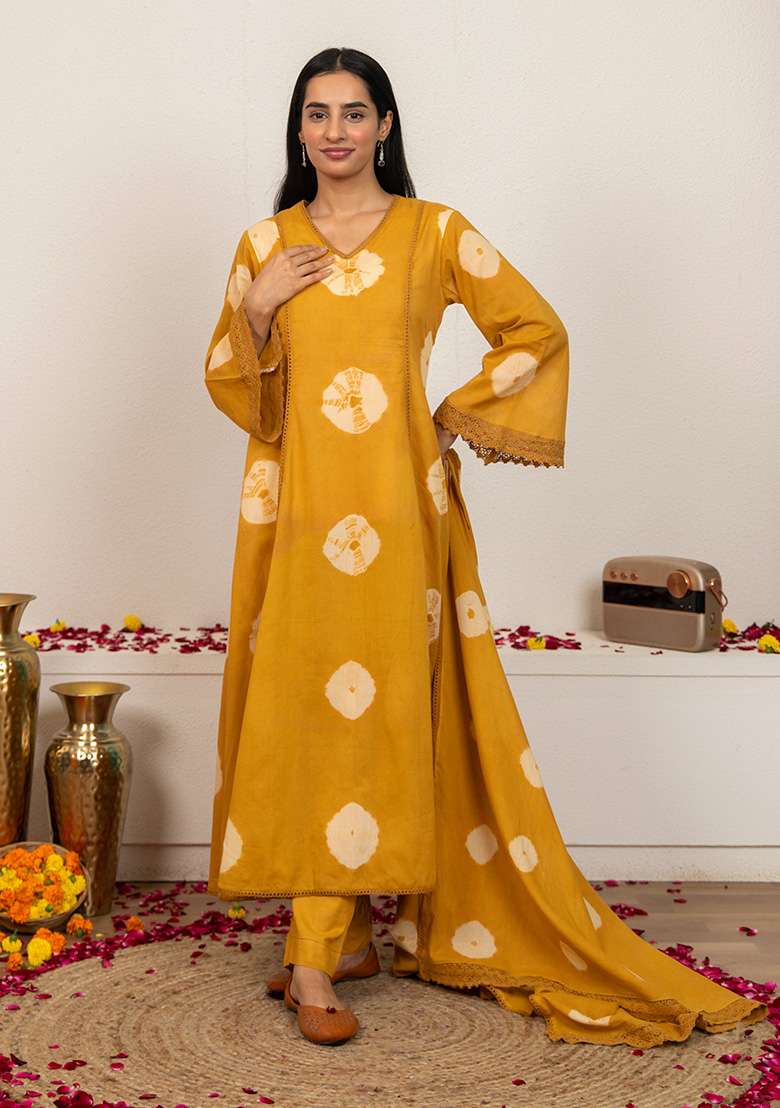 Mustard Yellow Tie And Dye Cotton A Line Kurta Set - Indya