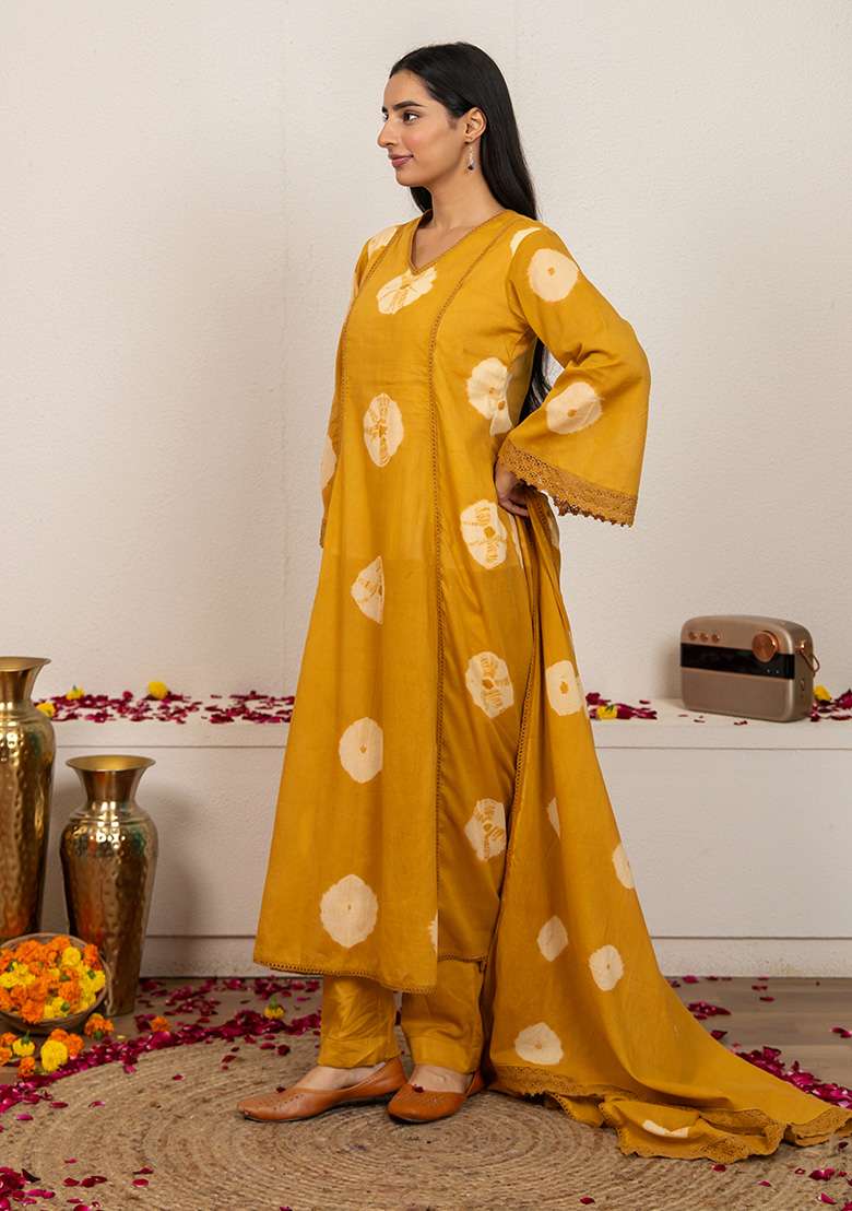 Mustard Yellow Tie And Dye Cotton A Line Kurta Set - Indya