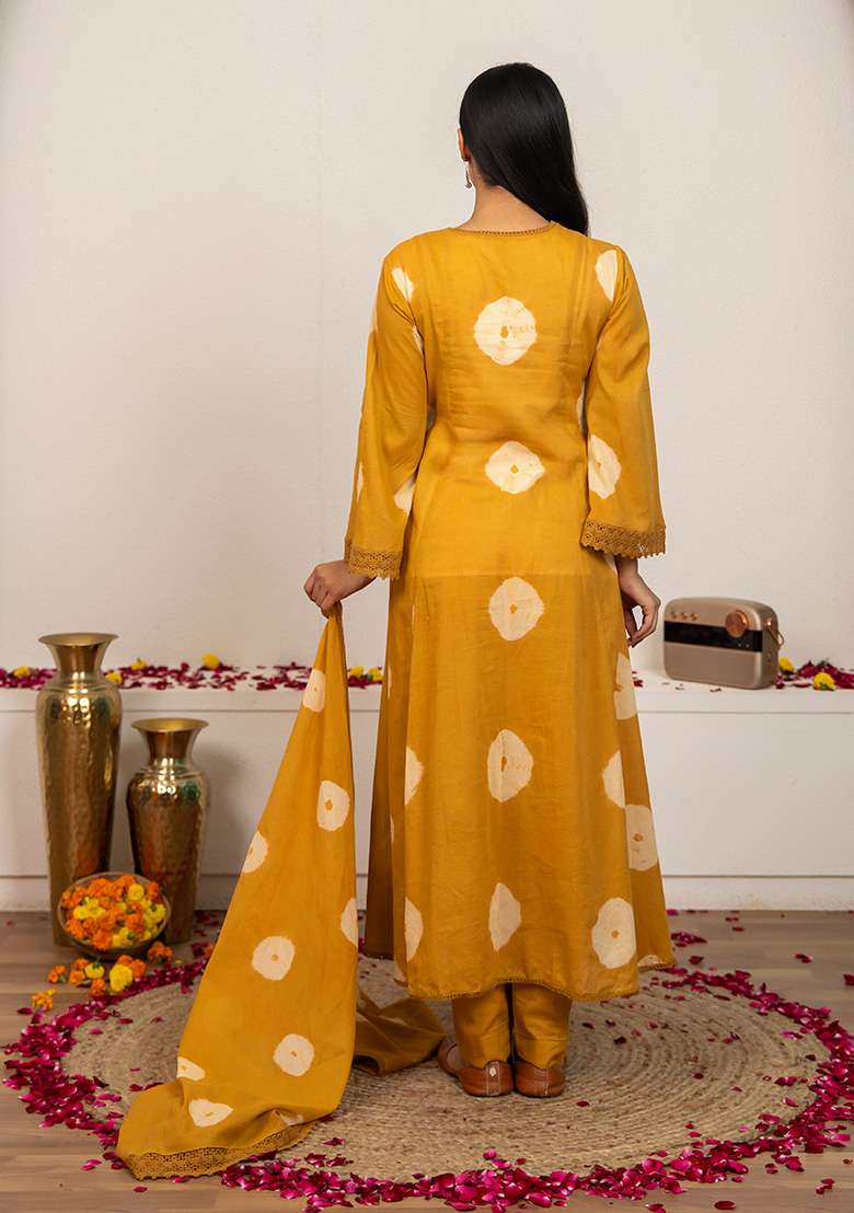 Mustard Yellow Tie And Dye Cotton A Line Kurta Set - Indya