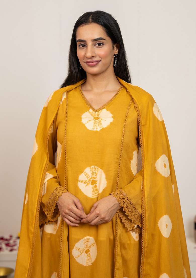 Mustard Yellow Tie And Dye Cotton A Line Kurta Set - Indya