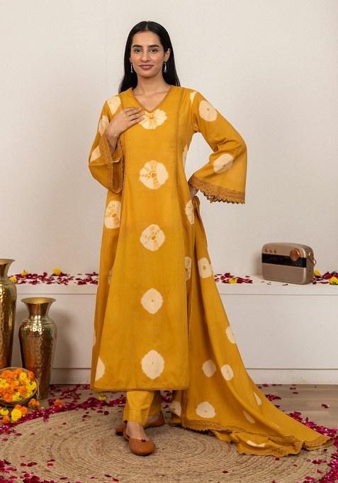Mustard Yellow Hand Tie Dyed Cotton Kurta Set