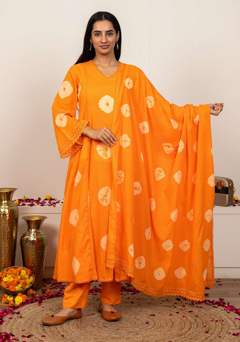Orange Tie And Dye Cotton A Line Kurta Set - Indya