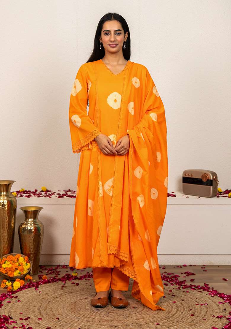 Orange Tie And Dye Cotton A Line Kurta Set - Indya