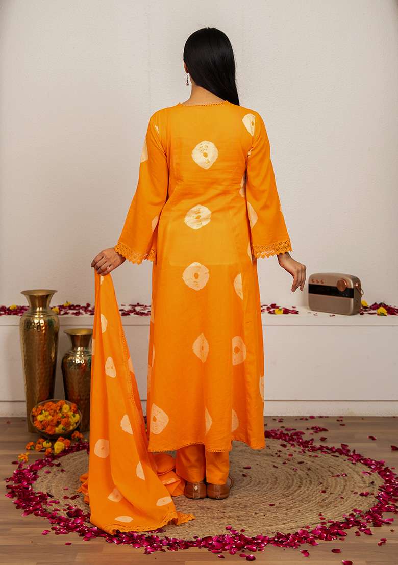 Orange Tie And Dye Cotton A Line Kurta Set - Indya
