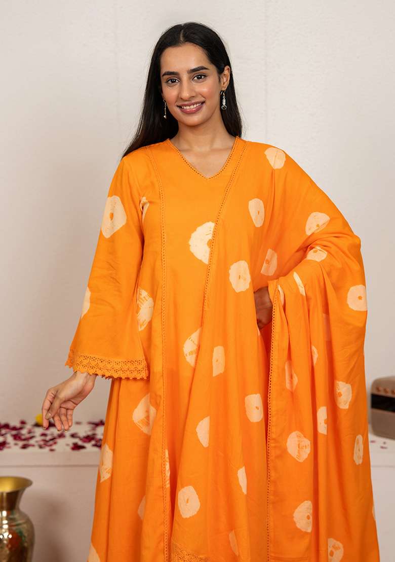 Orange Tie And Dye Cotton A Line Kurta Set - Indya