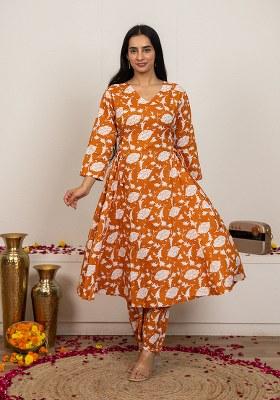 peach Hand Block Printed Cotton Kurta Set